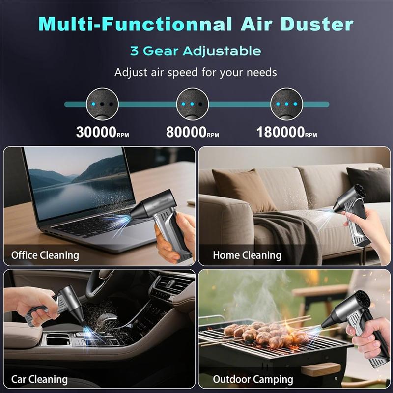 Compressed Air Duster With 3 Gears Adjustable, 180000RPM, Rechargeable 10000Mah Battery For Keyboard/PC/Car/Outdoor