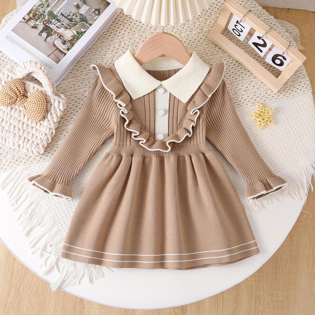 Children's Long Sleeve Knitted Princess Dress with Turn-Down Collar for Spring and Autumn