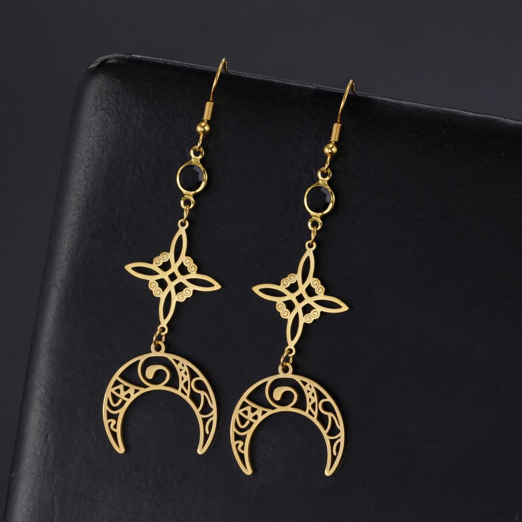 Witch Knot Moon Earrings Stainless Steel Black Birthstone Drop Earrings for Women Celtics Knot Lucky Irish Amulet Wiccan Jewelry