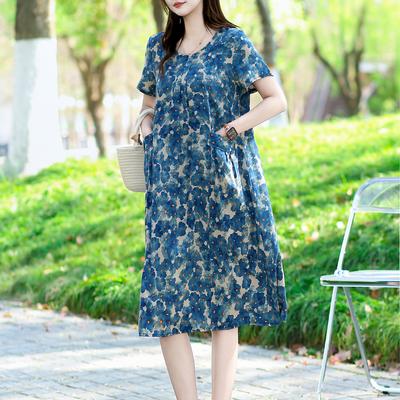 Summer Dresses O-neck Print Long Dress Short Sleeve Women Long Dresses Bohemian Cotton Style Loose Dresses Women Clothing