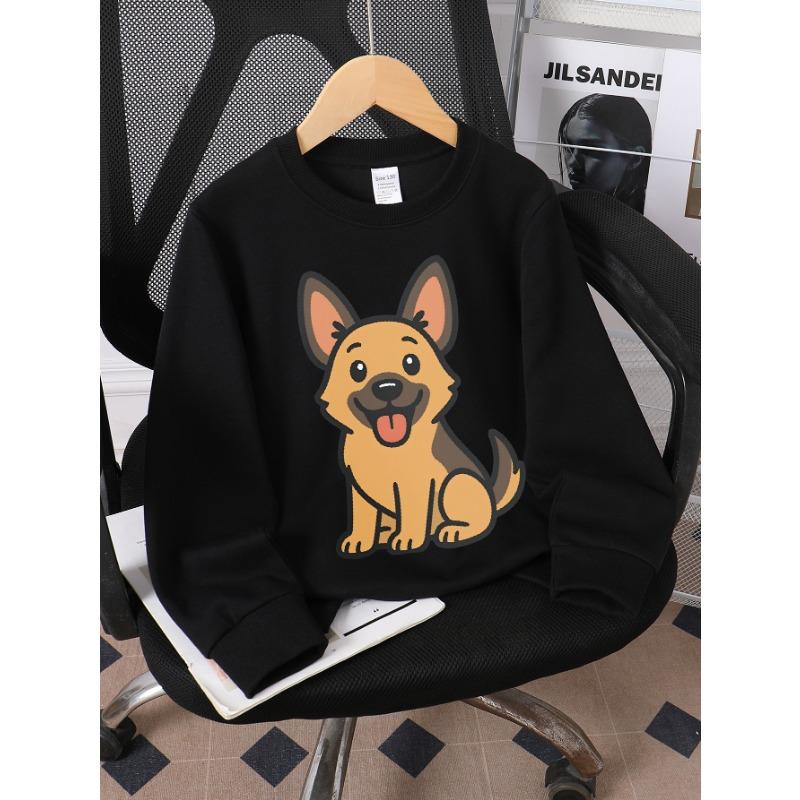 European Sizes Girls' Crewneck Sweatshirt Cute Dog Sitting Happy Expression, Spring And Autumn, Sportswear And Casual, Soft, for Kids & Teens.