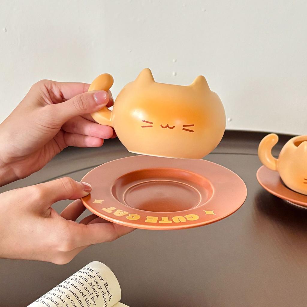 Cartoon Cat Shape Ceramic Coffee Cup Cute Cute Latte Cup Breakfast Milk Cup Coffee Cup Saucer Set