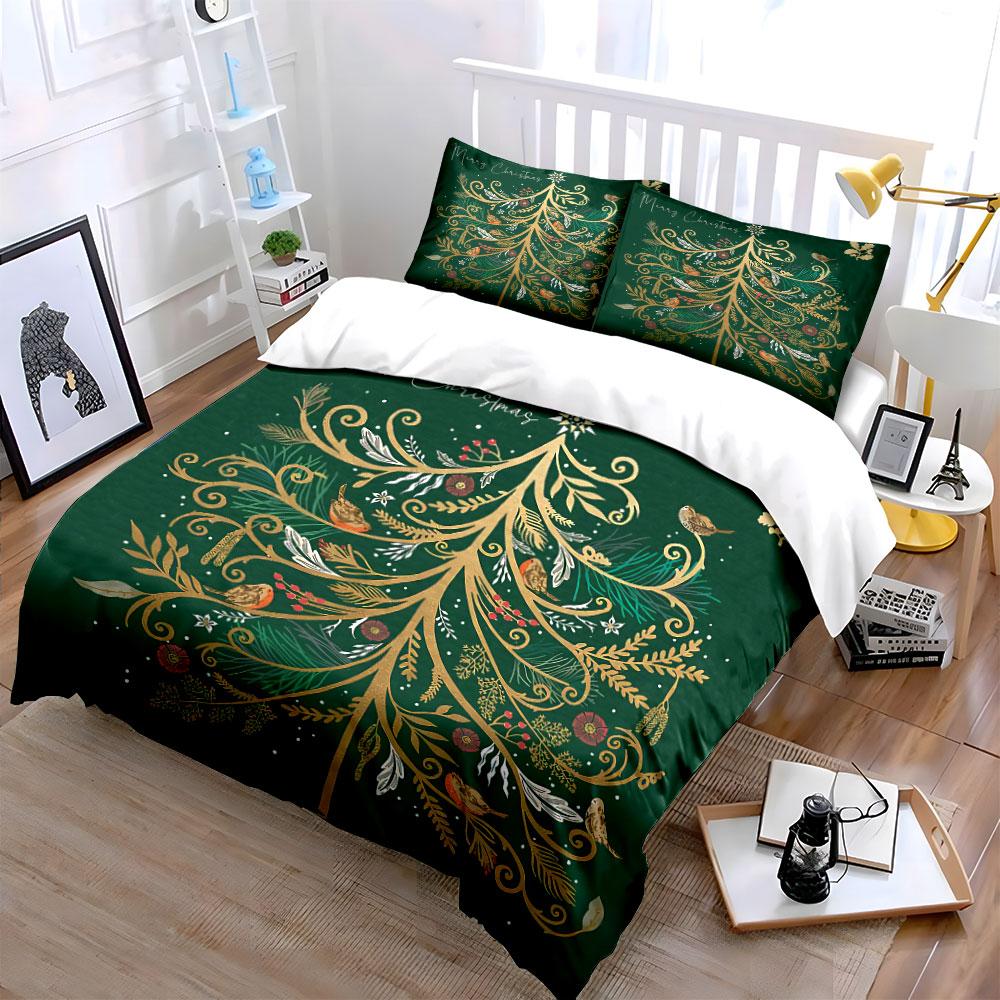 Golden Christmas Tree Pattern Bedding Duvet Cover Set Duvet Cover Pillowcases  (1*Duvet Cover 2*Pillowcases, without duvet insert)