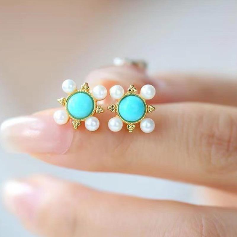 Αρχαία χρυσή χειροτεχνία ένθετα σκουλαρίκια με τυρκουάζ και μαργαριτάρι για γυναίκες λουλούδια Σκουλαρίκια καρφάκια μόδα εξαίσια γαμήλια κοσμήματα