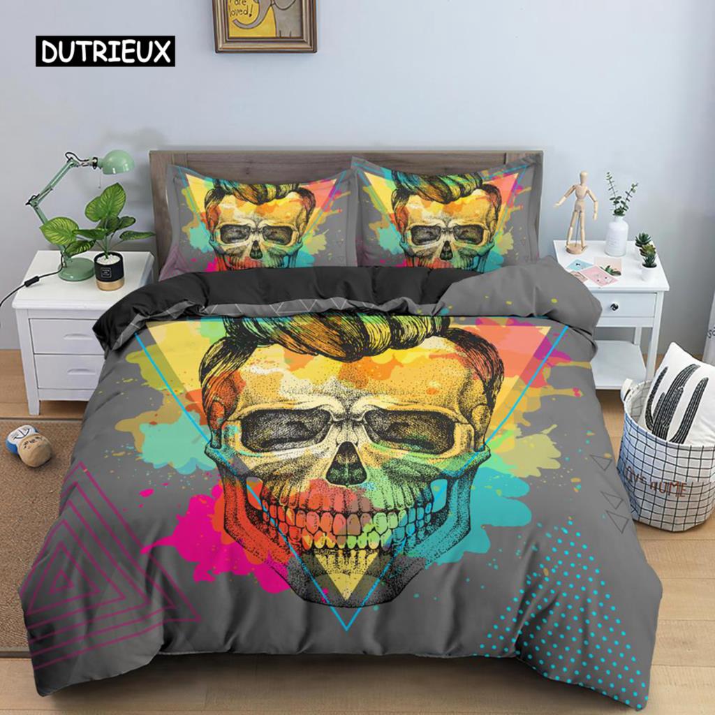 Skull Duvet Cover Set King Queen Size Gothic Rose Flowers And Skull Bones Bedding Set Microfiber Horror Skeleton Comforter Cover