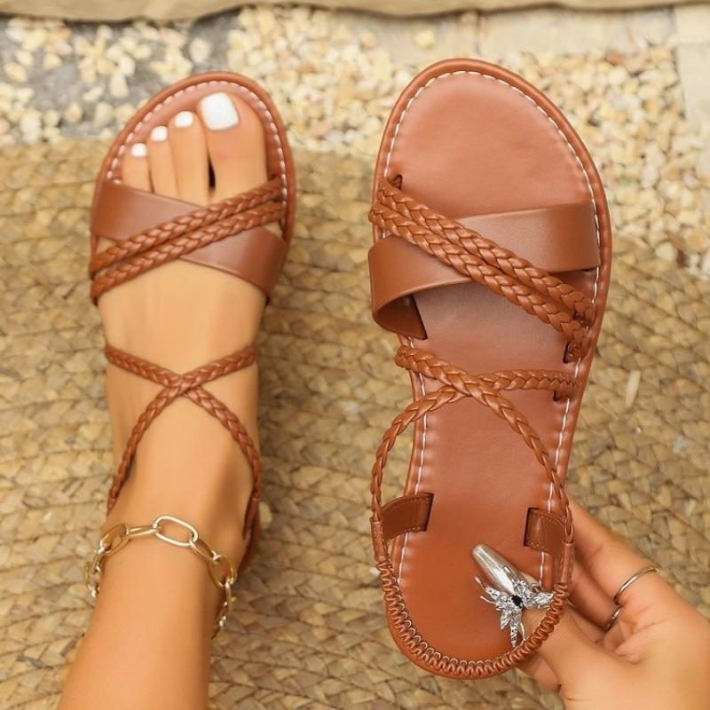 Large size 25 summer new woven belt open-toed flat-soled sandals women wear elastic beach sandals