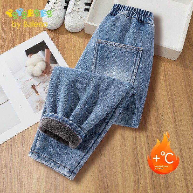 Baleno Ybb Series Girls  Fleece-Lined Jeans Children s Autumn and Winter Pants Girls  Winter Warm Casual Pants Light Blue # Solid Color 110