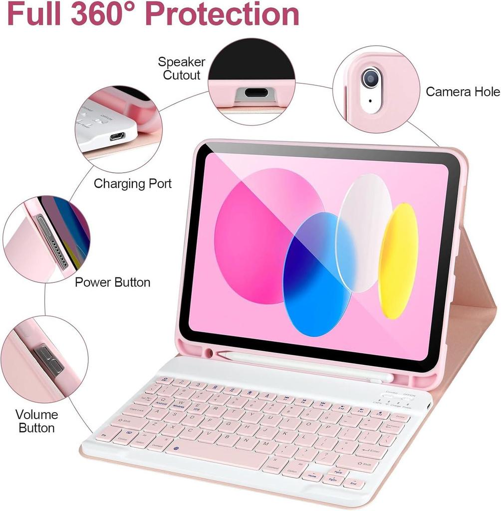 2025 iPad 11/Air 6 Protective Case with Detachable Bluetooth Keyboard & Pen Slot, Fits 10th Gen 10.9-inch Tablets