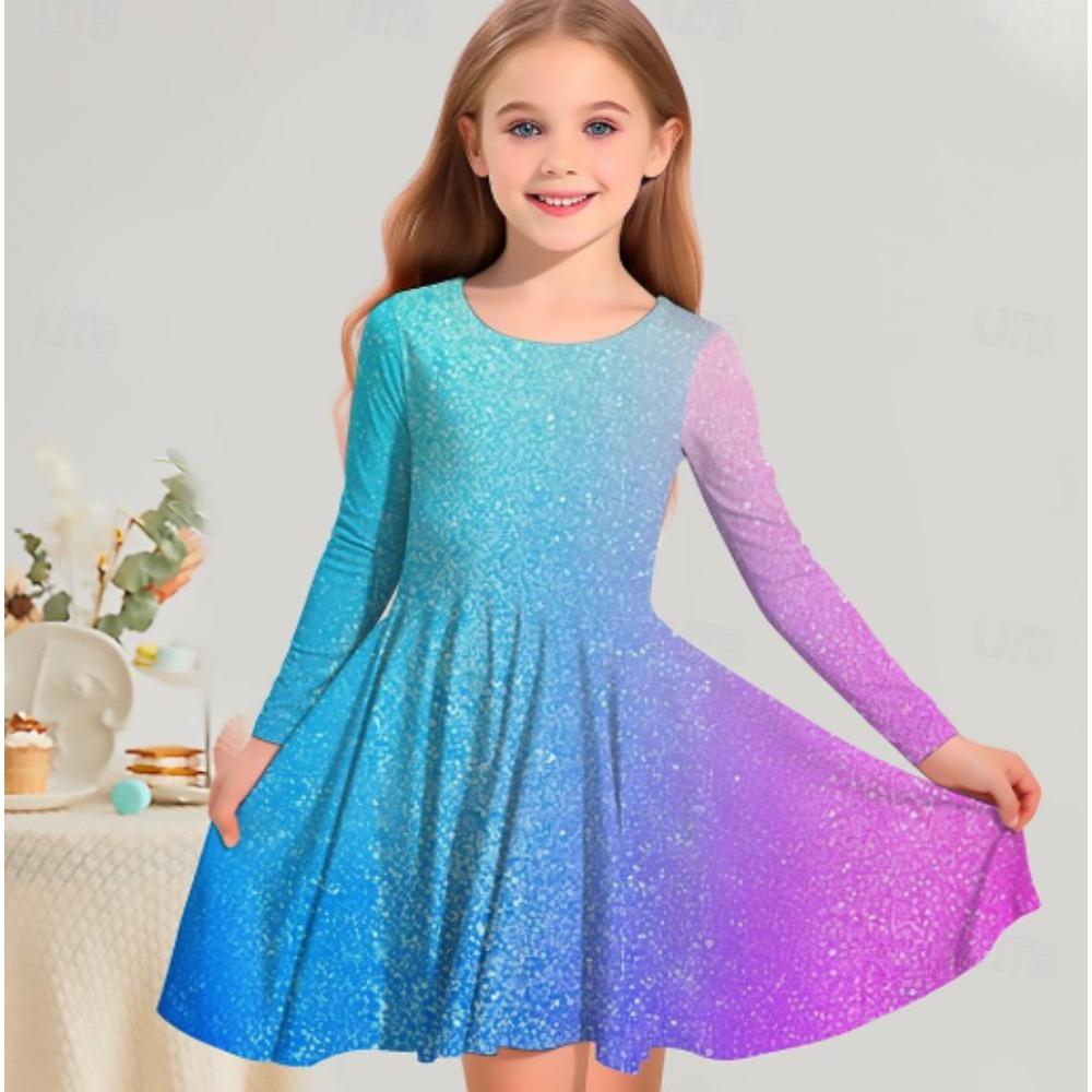 Girl Casual 3D Rainbow Glitter Print Round Neck Long Sleeve Dress Kid Princess Dress