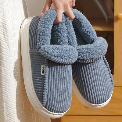 Unisex Winter Cotton Slippers with Plush Lining Casual Striped Indoor House Shoes