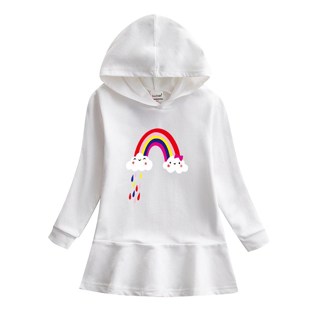 Children's Rainbow Cartoon Hooded Sweatshirt Dress with Ruffle Skirt, Pure Cotton, Long Sleeve 