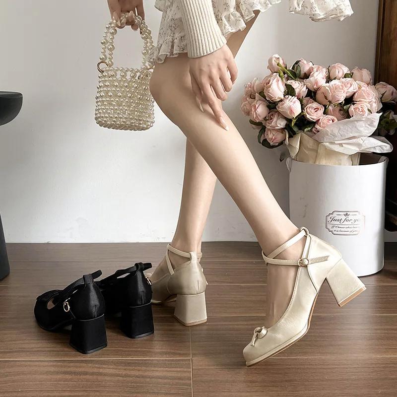 Fashion Women Fashion Platform Pumps Spring High Heels Buckle Strap Mary Jane Shoes Woman Elegant Bows Thick Heeled Party Single Shoes