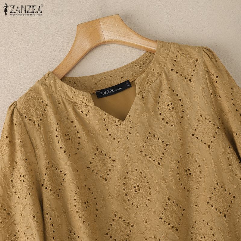 ZANZEA Women Casual V-Neck Long Sleeve Loose Lace Crochet Patchwork Blouse