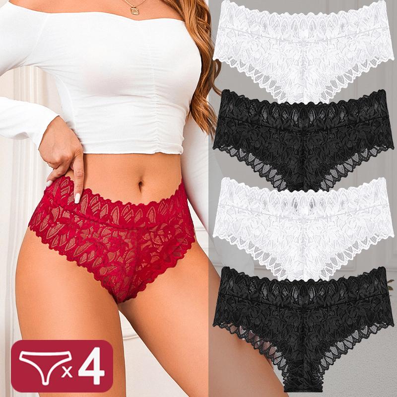 

4 шт. Женские трусики из цветочного кружева, сексуальные перспективные стринги, с высокой талией, однотонные, женское дышащее интимное белье XXL