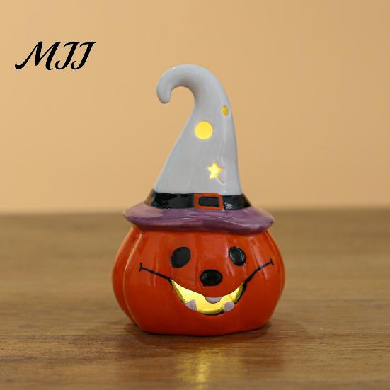 Small Ceramic Halloween Figurine Tealight Holder, Lighted Ghost Pumpkin with Cute Room Decoration Witch Hat, Tiered Tray Tabletop Decor for