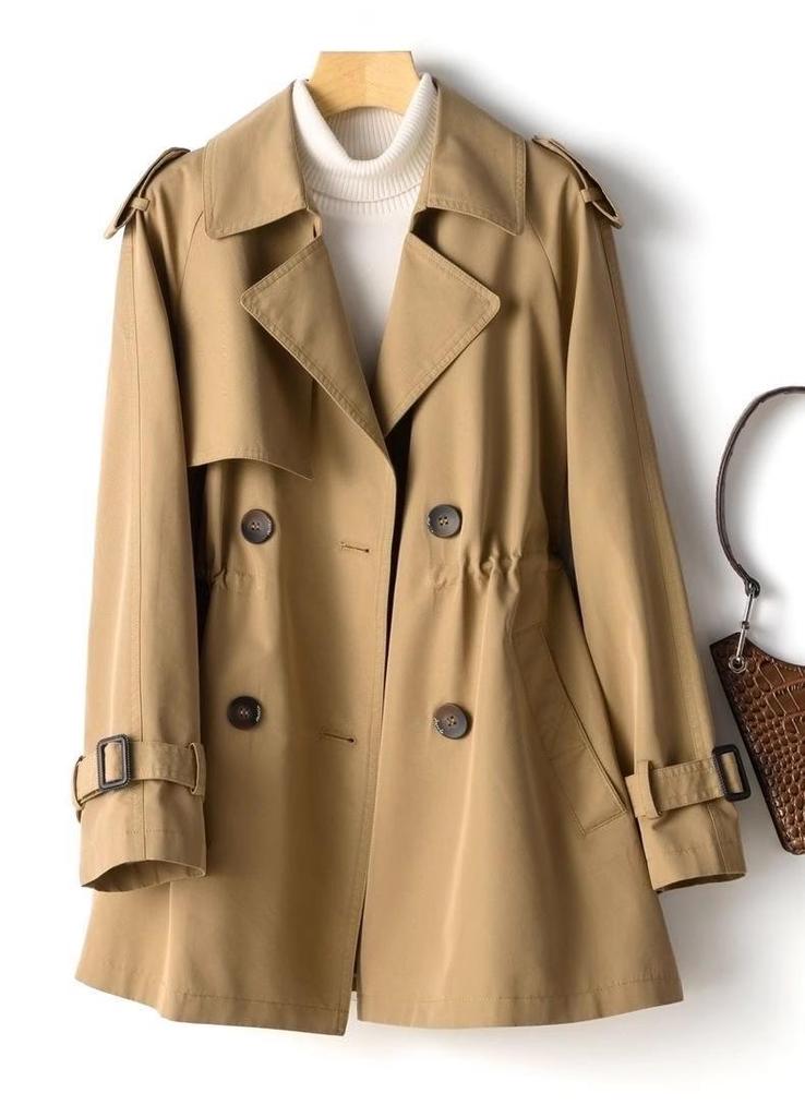 Spring/Autumn 2024 Mid-Length British Style Waist-Cinching Windbreaker for Petite Figures