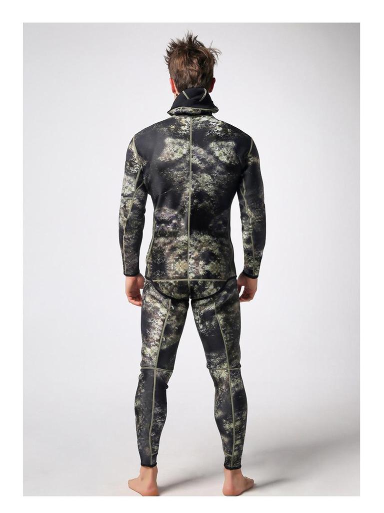 Kamuflážový 3mm potápěčský a spearfishingový neopren s kapucí - Chladuvzdorný a teplý jednodílný oblek pro freediving a lov