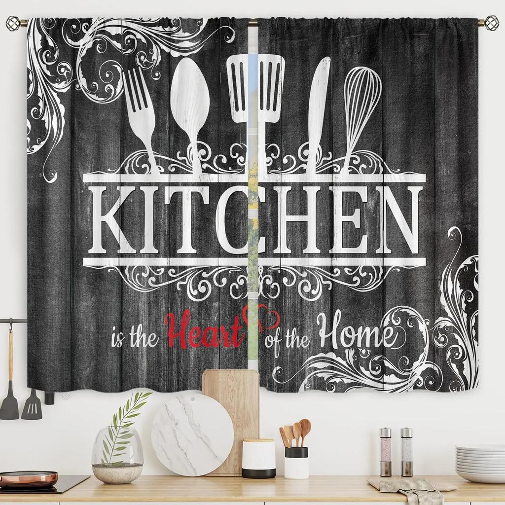 2pcs Farmhouse Kitchen Curtains Rustic Country Short Fork and Spoon Knife Savor Vintage Cafe Curtains For Bedroom Living Room