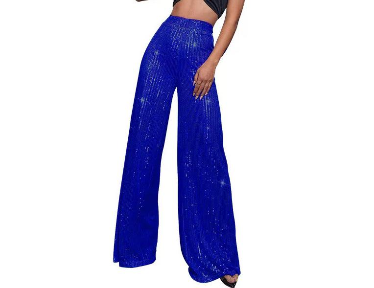Pantaloni da Donna a Gamba Larga Lunghi Fino ai Piedi con Perle e Paillettes alla Moda 2025