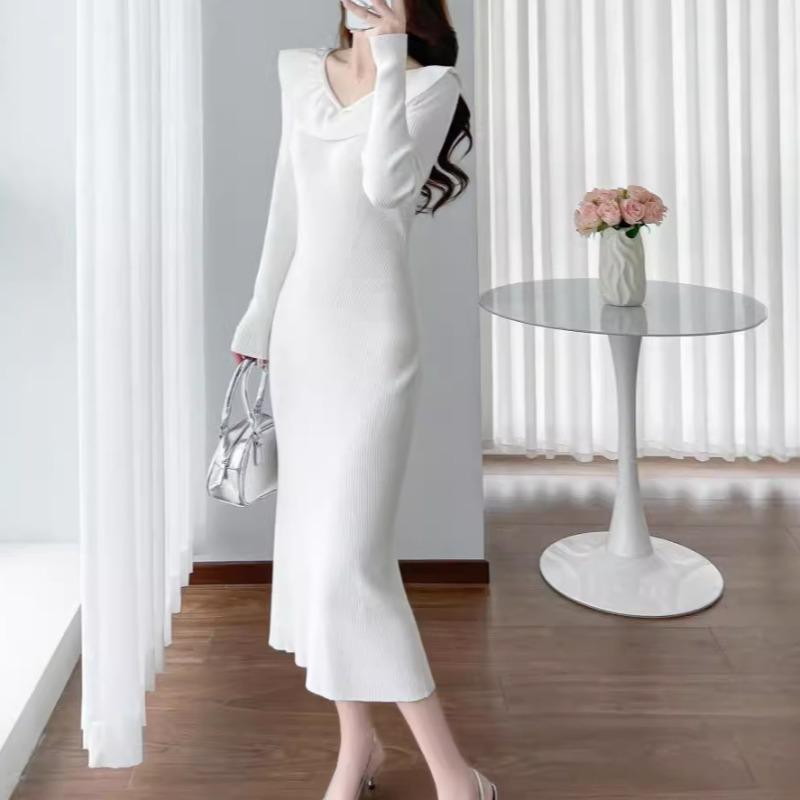 Women's Fashion Autumn Winter Solid Color Print Long Sleeve V-Neck High Waist Casual Dresses