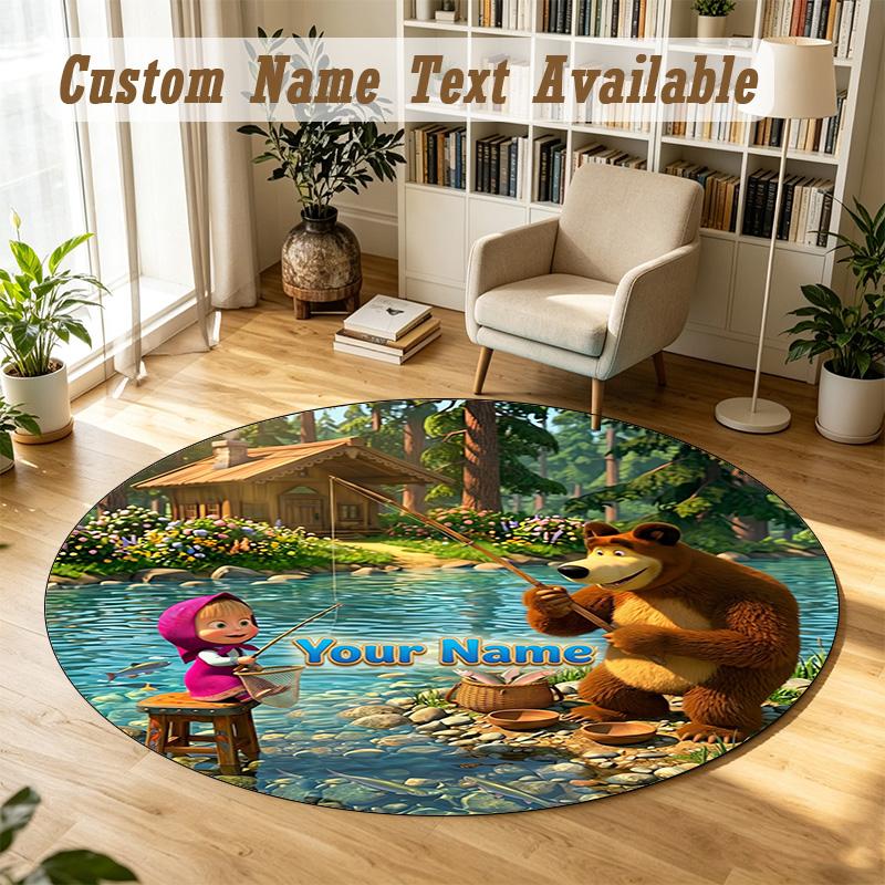 Round Rug Custom NameMasha and the Bear cartoon Pattern Non Slip Carpet Home Floor Decor