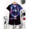 Boy's Wolf Head Animal Pattern Domineering Set, Fashionable Printed Casual Short Sleeved T-shirt, Outdoor Personalized Shorts Set