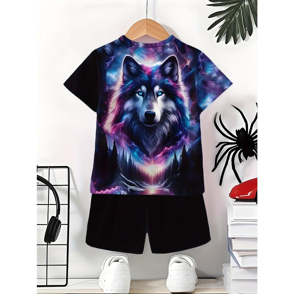 Boy's Wolf Head Animal Pattern Domineering Set, Fashionable Printed Casual Short Sleeved T-shirt, Outdoor Personalized Shorts Set