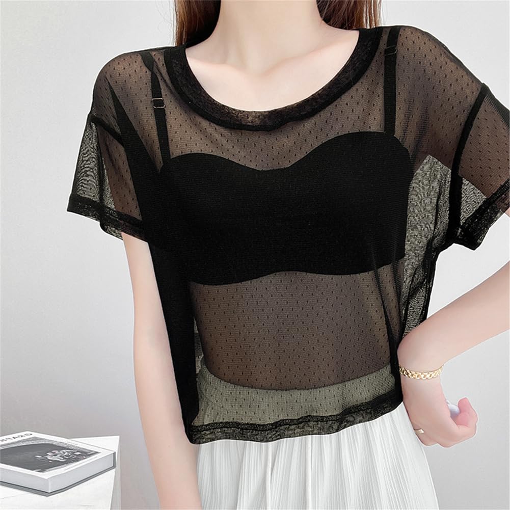 KSLAT Camiseta/Blusa Negra Relajada de Manga Corta de Tul Transparente, para Mujer, Largo, Todo Encaje, Transparente, Look, Ligera, Cómoda,