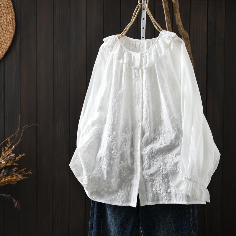 Women s Plus Size White Cotton Embroidered Doll Collar Jacquard Shirt - Spring Collection 29109 One Size белый