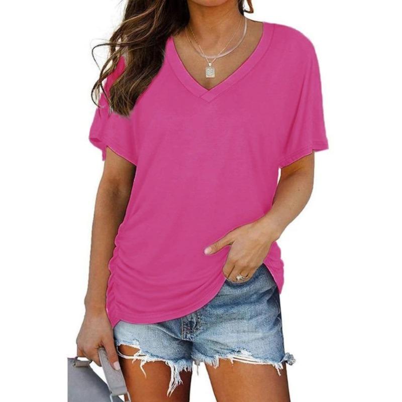 Women Casual Summer T Shirt V Neck Short Sleeve Solid Color Top Clothing