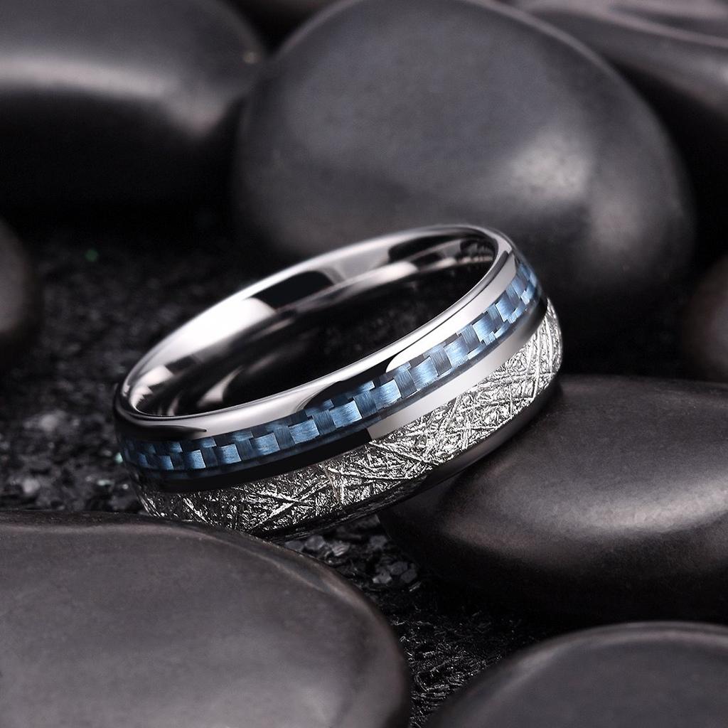 Fashion 8mm Men CopperColor Stainless Steel Ring Vintage Meteorites and Blue Carbon Fiber Rings For Men Wedding Band Jewelry