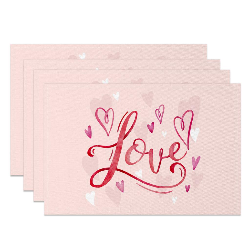 Heart Shape Placemats Romantic Love Pattern 4pc Linen Dining Mats Heat Resistant Valentine's Day Wedding Anniversary Party Decor