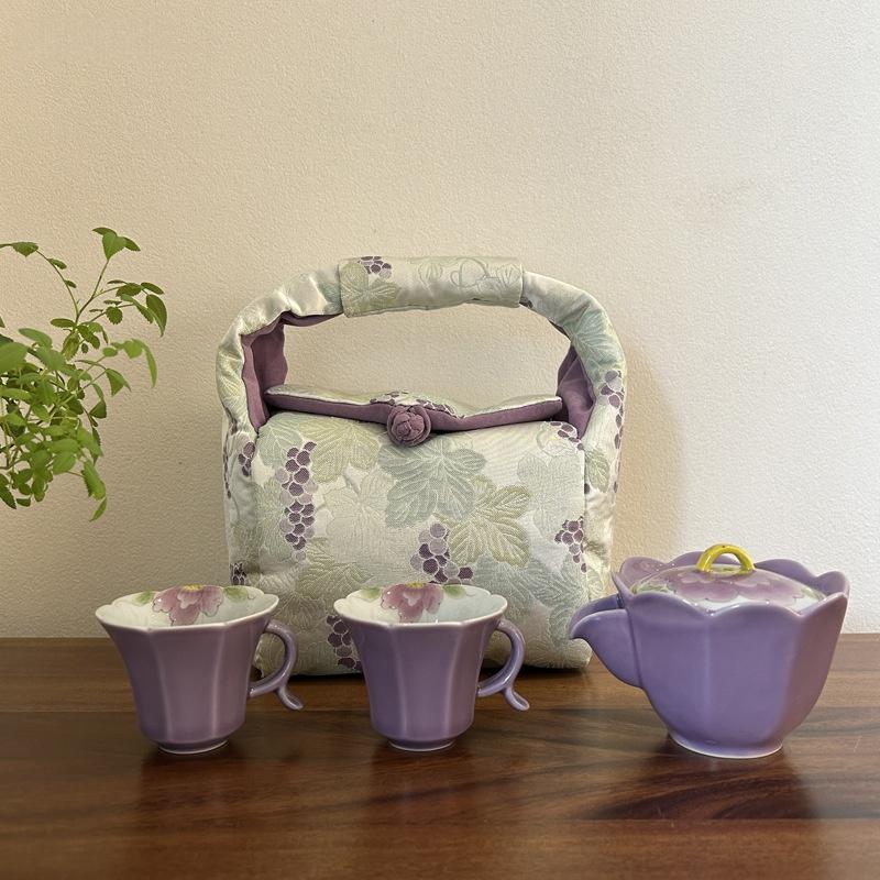 

Hand Drawn Purple Peony Flower Travel Tea Set 1Pot 2Cups 1Bag Portable Kuaike Cup Office Outdoor Camping Tea Maker Tea Ceremony Three-piece Set