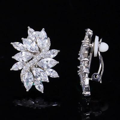 CMM Leaf Shape Cubic Zirconia No Pierced Hole Ear Clip On Earrings