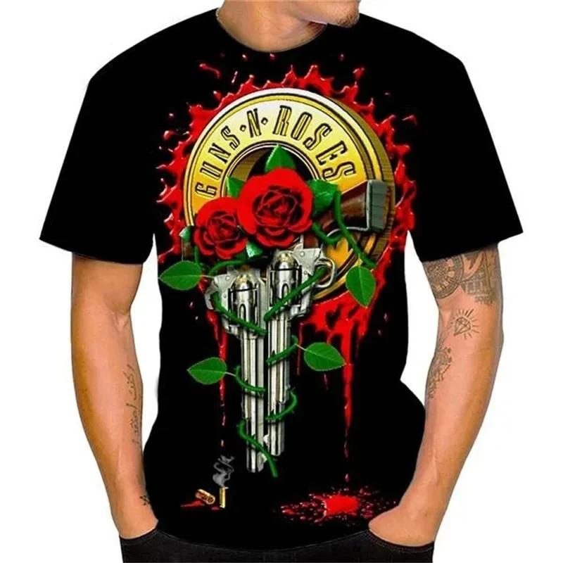 Vintage Guns N Roses 3D Print O-Neck T-shirt Men Casual Short Sleeve Rock Band Oversized Hip-hop Tshirt Unisex Clothing