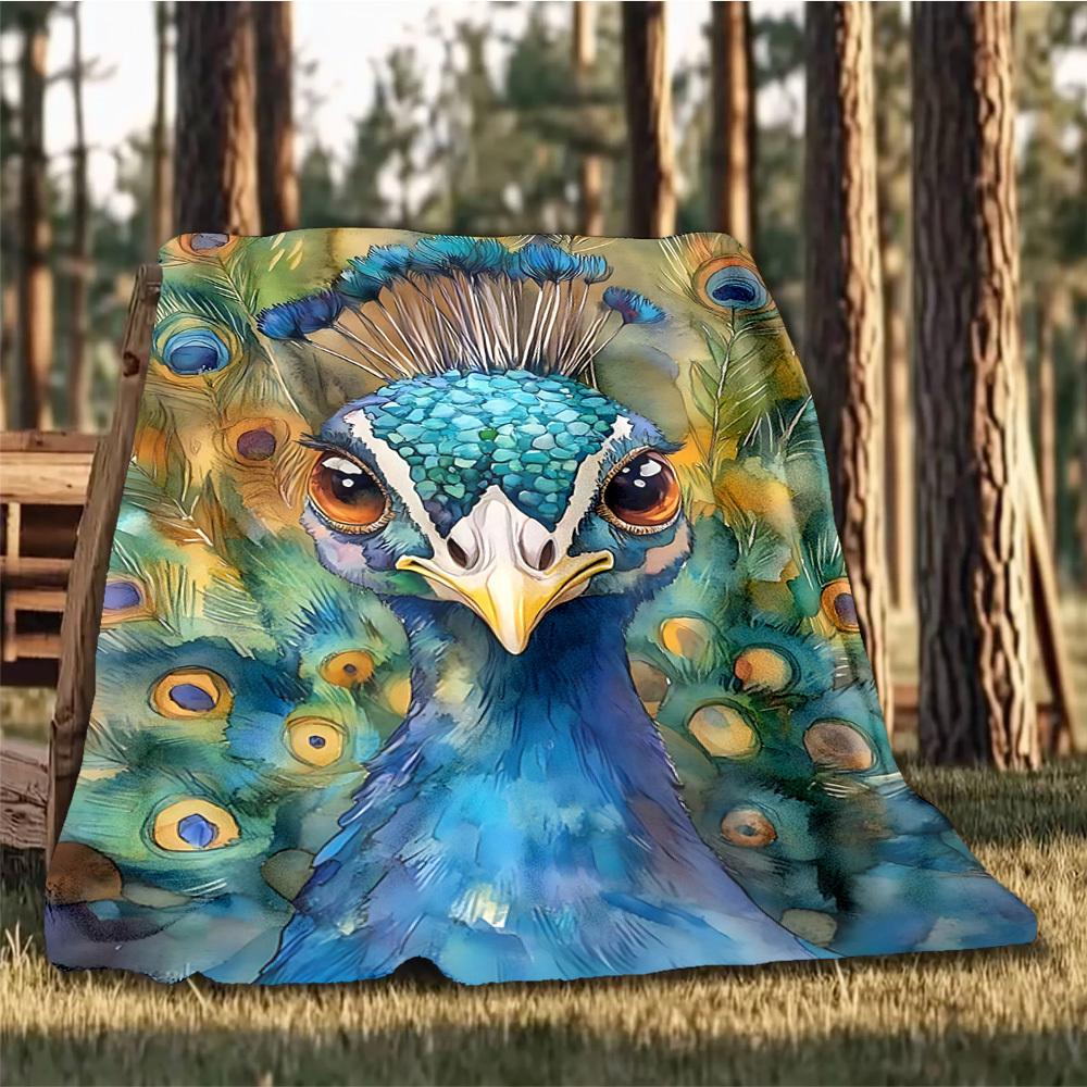 1pc Peacock Feather Throw Blanket Polyester Fiber, Lightweight Flannel, Soft & Warm, All Season Use for Outdoor, Camping Digital Print