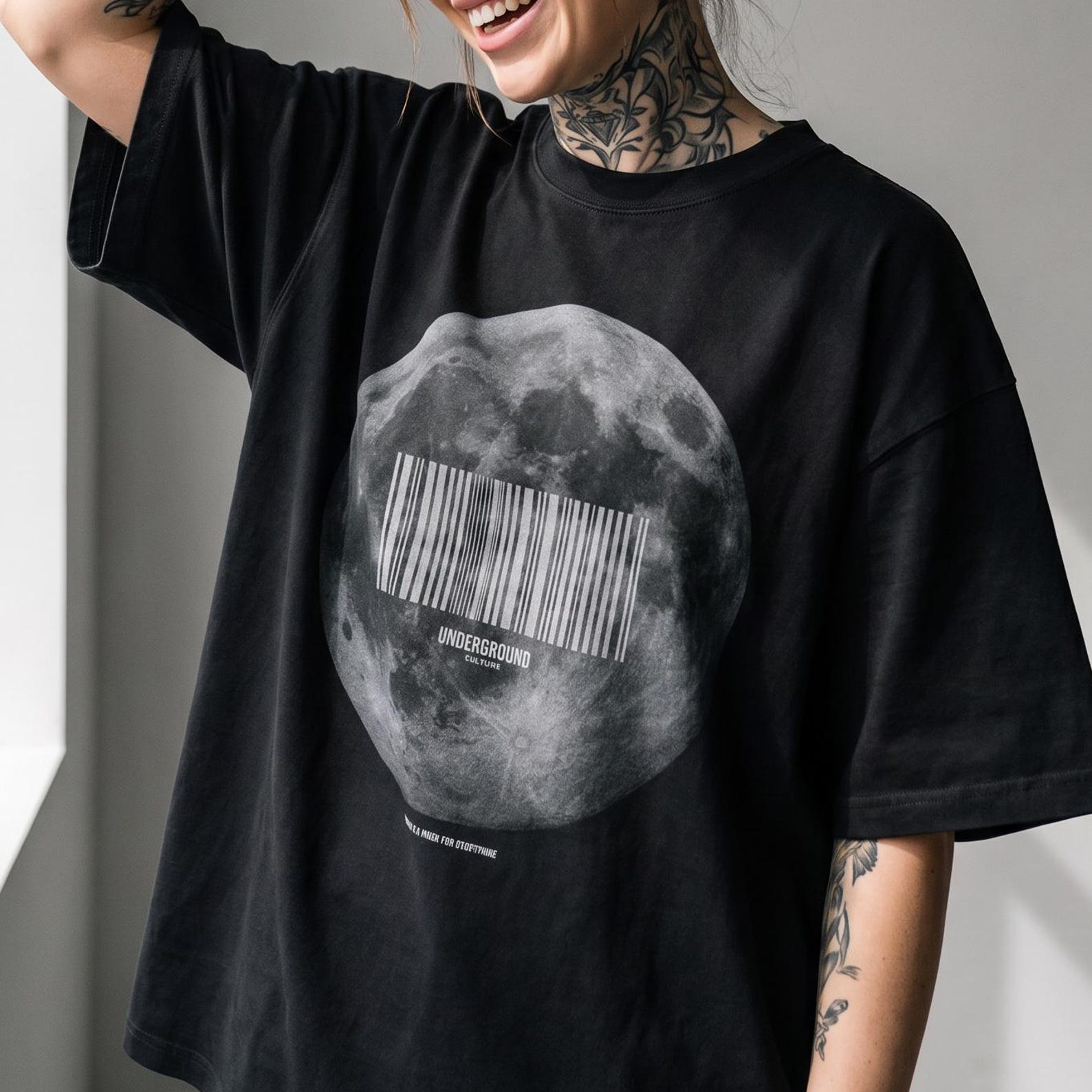 Moon Barcode Raw Hem T-shirt. Techwear, Streetwear, Gothwear, Heavy Metal Tee. Premium Quality Cotton. M