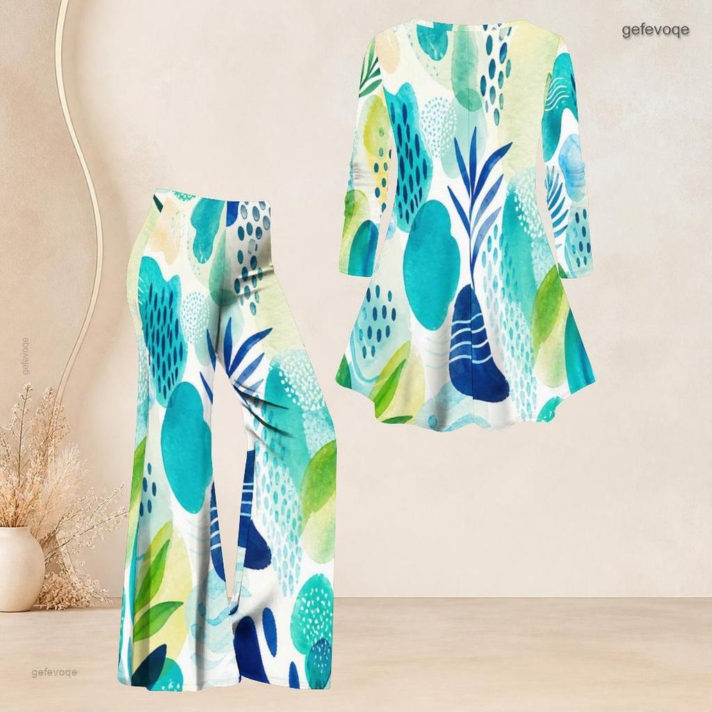 Women Plus Size Printed Round Neck Three Quarter Sleeve Flared Top And Flared Pants Two Piece Set