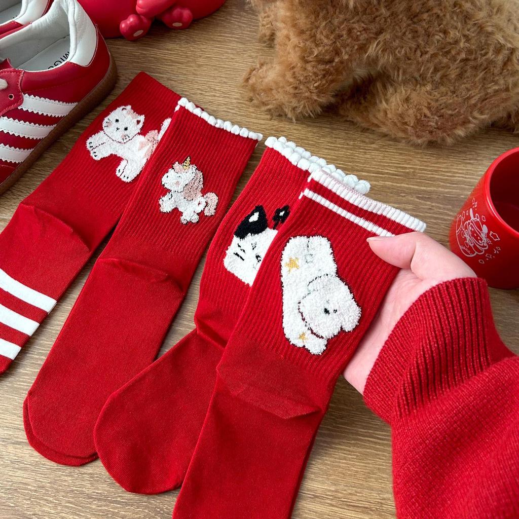 2026 Year of the Horse Red Mid-Calf Women's Socks, 3D Flocked Lucky Cotton Autumn/Winter.