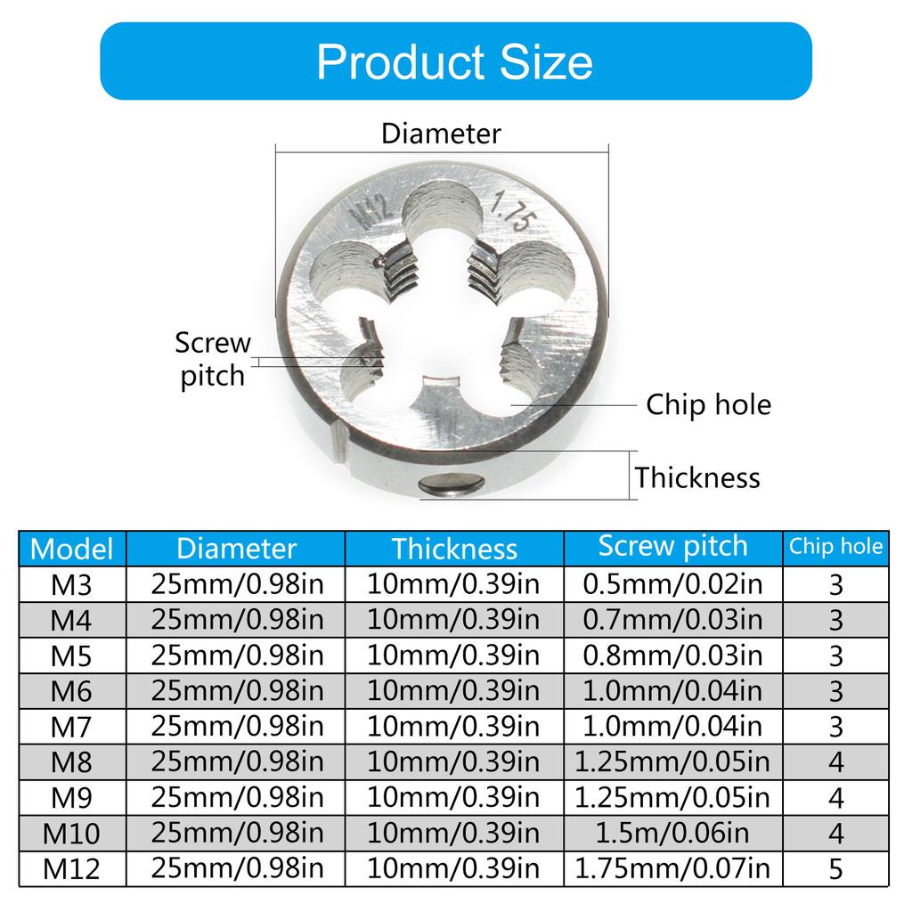 High Hardness Metric Hand Thread Die Heat Resistant Engineering Thread Tool 9pcs/set Suitable for Professional Use