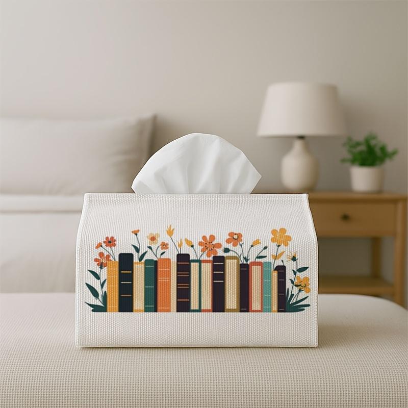 1pc Modern Minimalist Graphic Tissue Box Holder - Bookshelf Floral Illustration, Perfect for Living Room, Dining Room, Bedroom, Bathroom, Bar, or Offi