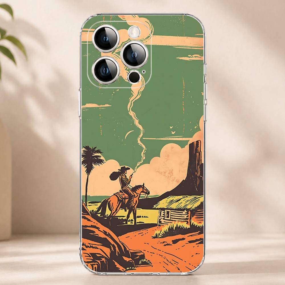 Retro Western Cowboy Pattern Phone Case for iPhone 17 16 16E 15 14 Pro Plus Air 13 12 11 Max Mini Transparent Bumper