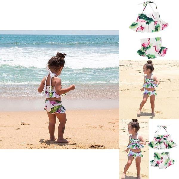 Charming 2pcs Girls Ruffle Floral Bikinis Set Featuring Adorable Flamingo Design