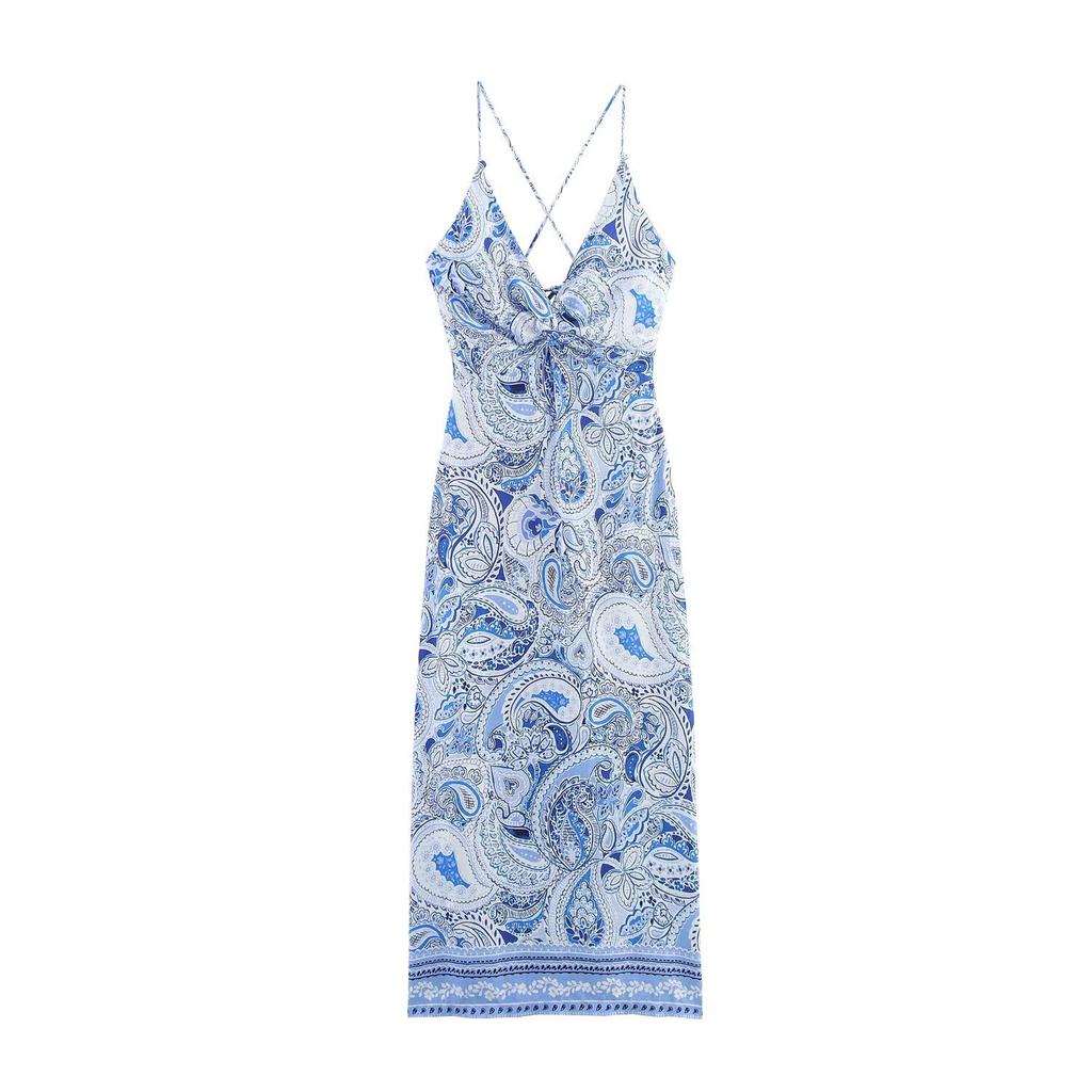 Women's Wholesale European and American Style Summer Fashion V Bow Tie Printed Midi Suspender Dress