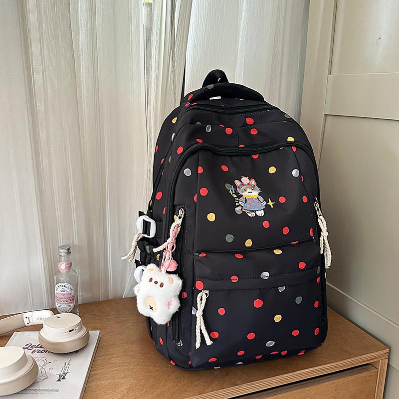 Cute Polka Colorful Dot Cartoon Cat Embroidery Pattern Backpack Students