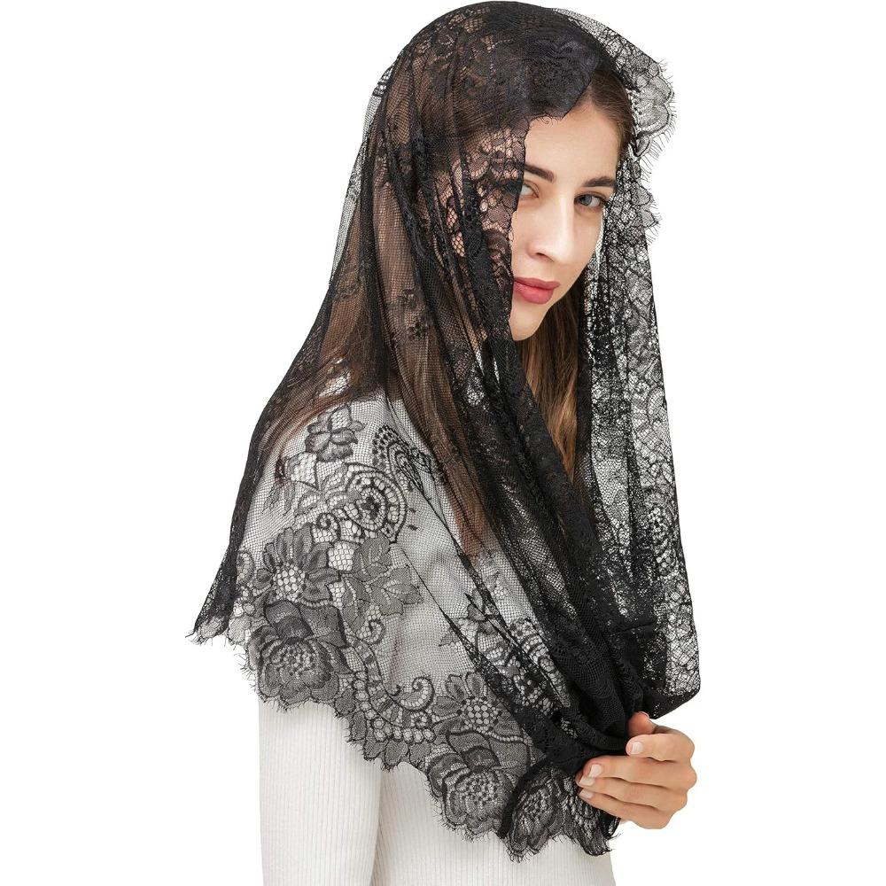 Black Lace Veil Spanish Style Lace Traditional Vintage Inspired Infinity Shape Mantilla Veil Latin Mass Head Covering