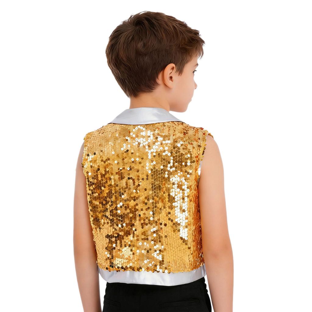Gilet de Performance Scénique Danse Jazz pour Garçons à Franges Paillettes Scintillantes Revers de Couleur Contrastante Haut Sans Manches