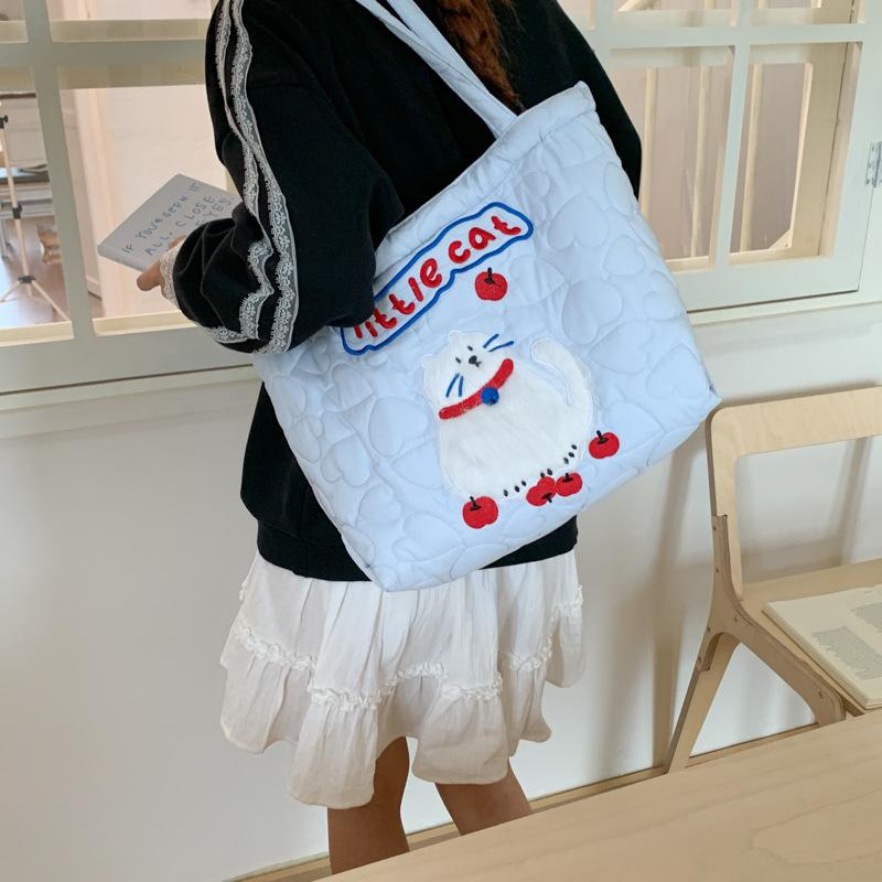 Cute Dog Quilted Cott Shoulder Bags for Women Casual Versatile Ladies Large Capacity Tote Bag Cart Embroidery Girls Handbags