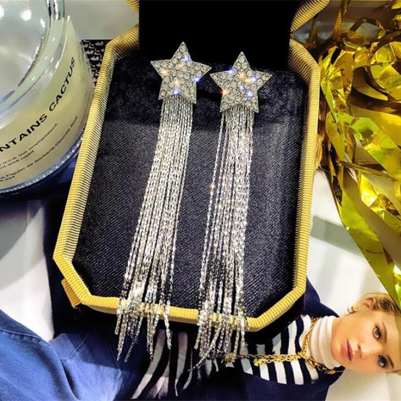 Pentagram Tassel Earrings Full Of Diamonds Pentagram Earrings Long Earrings Simple And Versatile