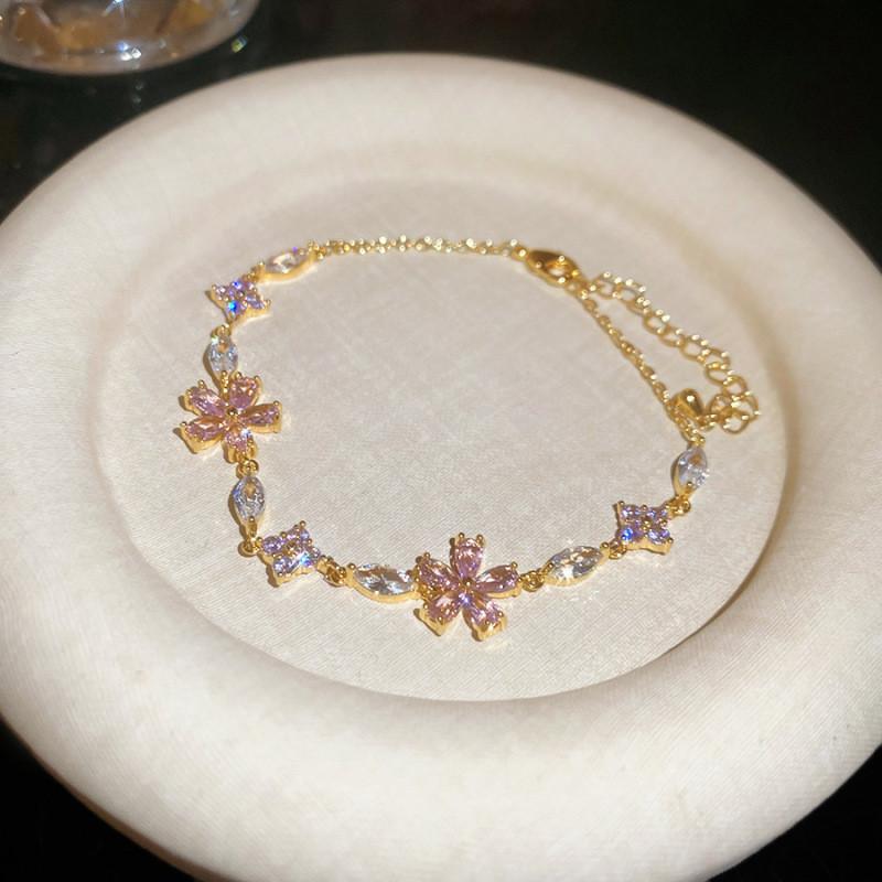 Minimalist Flower Cz Crystal Silver Bracelet For Women Office Wear